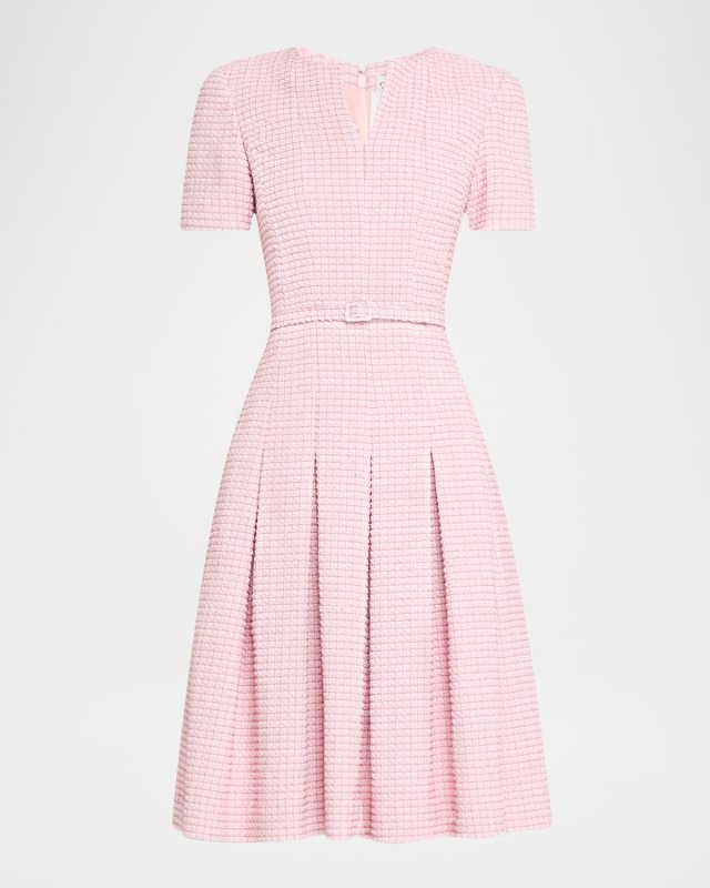 Short-Sleeve Metallic Check Tweed Flare Dress With Belt